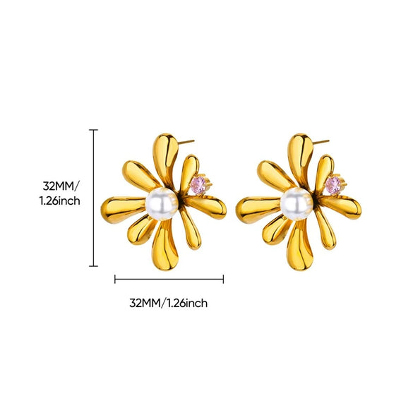 French Retro Stainless Steel Electroplated Flower Imitation Pearl Earrings For Women