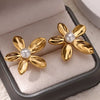 French Retro Stainless Steel Electroplated Flower Imitation Pearl Earrings For Women