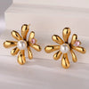 French Retro Stainless Steel Electroplated Flower Imitation Pearl Earrings For Women