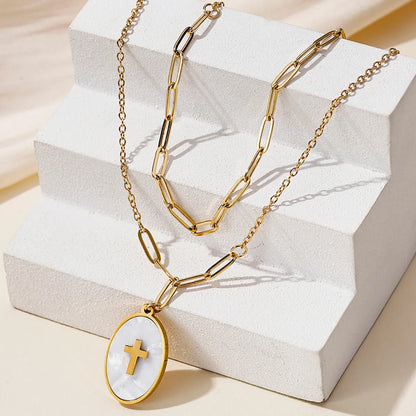 French Style Cross Rhombus Stainless Steel Patchwork Plating Inlay White Shell Double Layer Necklaces