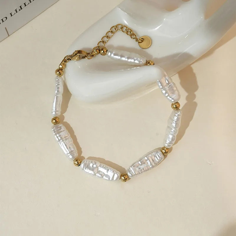 French Style Geometric 14K Gold Plated 304 Stainless Steel Artificial Pearl Wholesale Bracelets