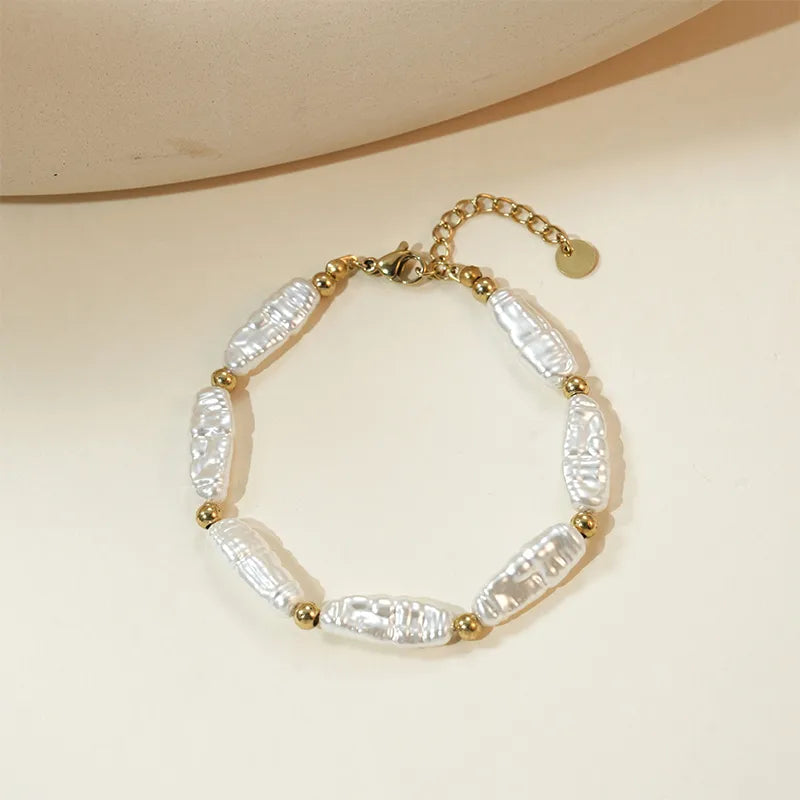 French Style Geometric 14K Gold Plated 304 Stainless Steel Artificial Pearl Wholesale Bracelets