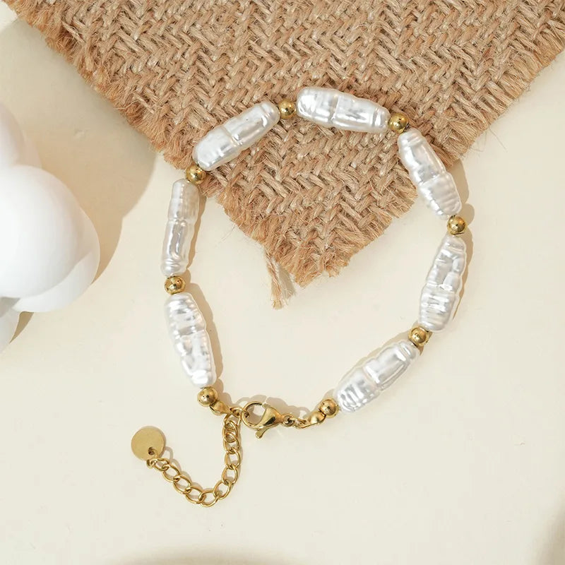 French Style Geometric 14K Gold Plated 304 Stainless Steel Artificial Pearl Wholesale Bracelets