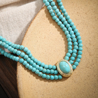 French Style Geometric Oval Alloy Turquoise Beaded Layered Inlaid Turquoise Turquoise Women's Necklace