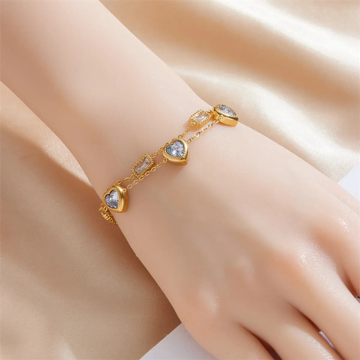 French Style Heart Shape 304 Stainless Steel 18K Gold Plated Artificial Rhinestones Bracelets In Bulk