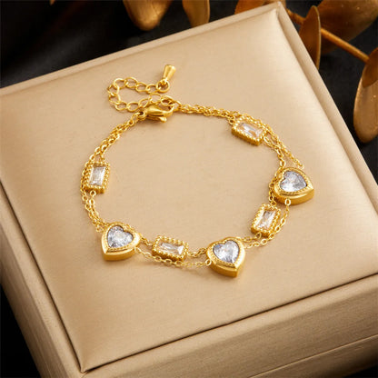 French Style Heart Shape 304 Stainless Steel 18K Gold Plated Artificial Rhinestones Bracelets In Bulk