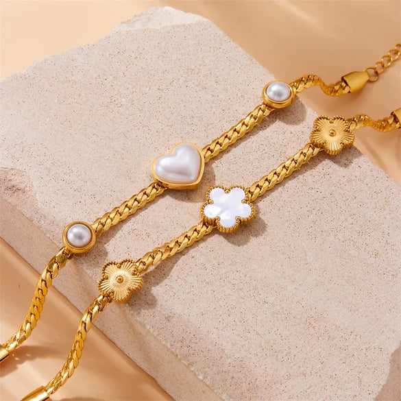 French Style Heart Shape Floral 304 Stainless Steel 18K Gold Plated Artificial Pearls Bracelets In Bulk