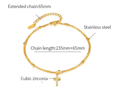 French Style Simple Style Cross Stainless Steel Layered Inlay Zircon Women's Anklet