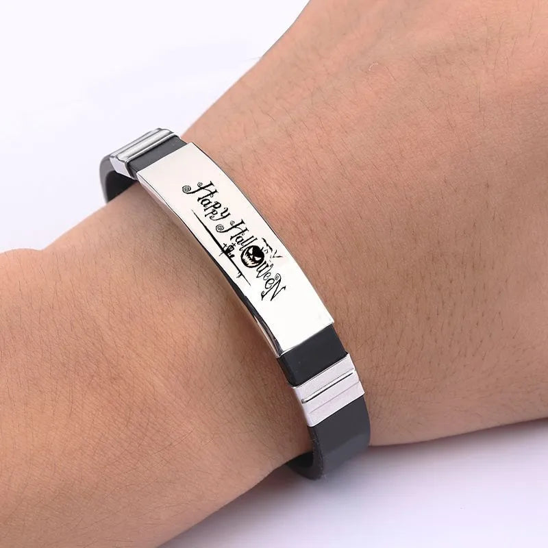 French Style Simple Style Letter 304 Stainless Steel Silica Gel Silver Plated Halloween Men'S Bangle