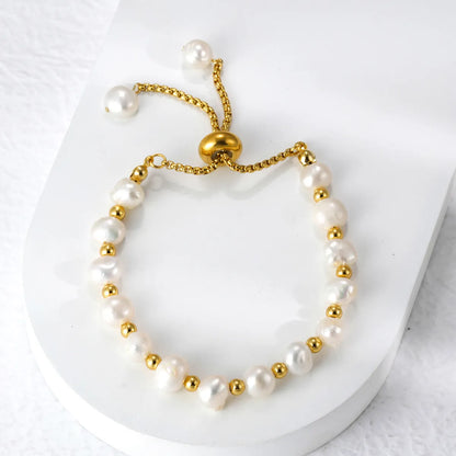 French Style Simple Style Round 304 Stainless Steel Freshwater Pearl 18K Gold Plated Freshwater Pearl Bracelets In Bulk