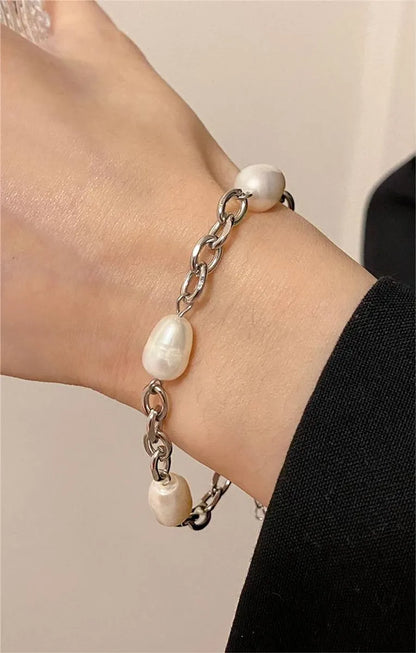 Wholesale Jewelry French Style Solid Color Stainless Steel Freshwater Pearl Freshwater Pearl 18K Gold Plated Chain Bracelets Necklace