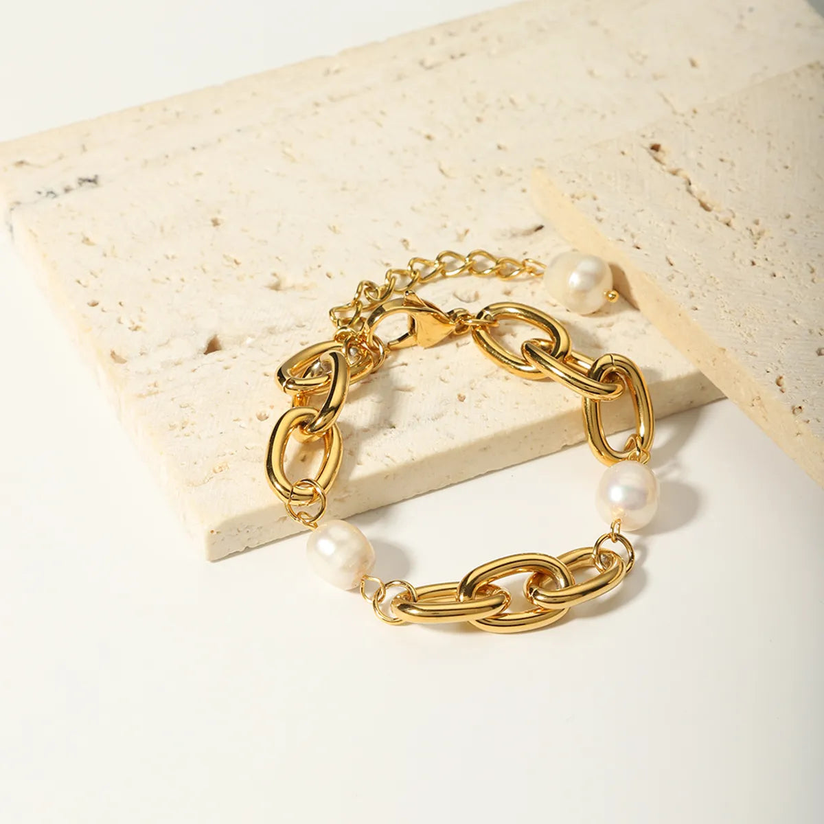 French Style Solid Color Stainless Steel Freshwater Pearl Plating 18k Gold Plated Bracelets