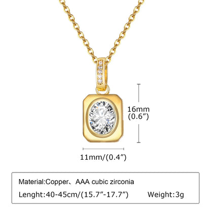 French Style Square Stainless Steel Copper Plating Inlay Zircon 18k Gold Plated Pendant Necklace