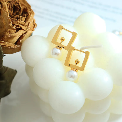 French Style Square Titanium Steel Drop Earrings Inlay Artificial Pearls Stainless Steel Earrings