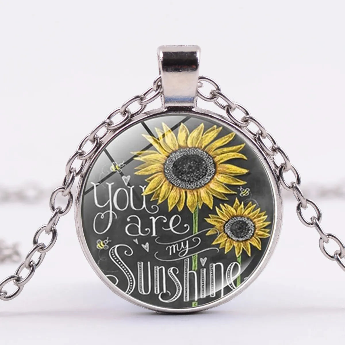 French Style Sweet Commute Sunflower Letter Alloy Plating Glass Silver Plated Unisex Pendant Necklace