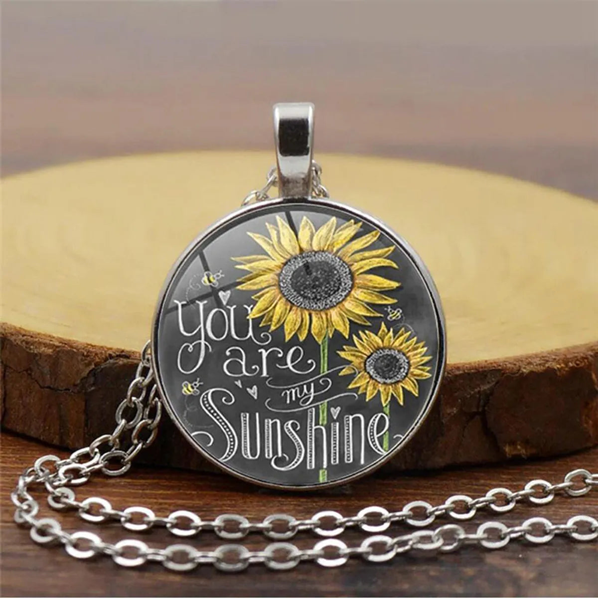 French Style Sweet Commute Sunflower Letter Alloy Plating Glass Silver Plated Unisex Pendant Necklace