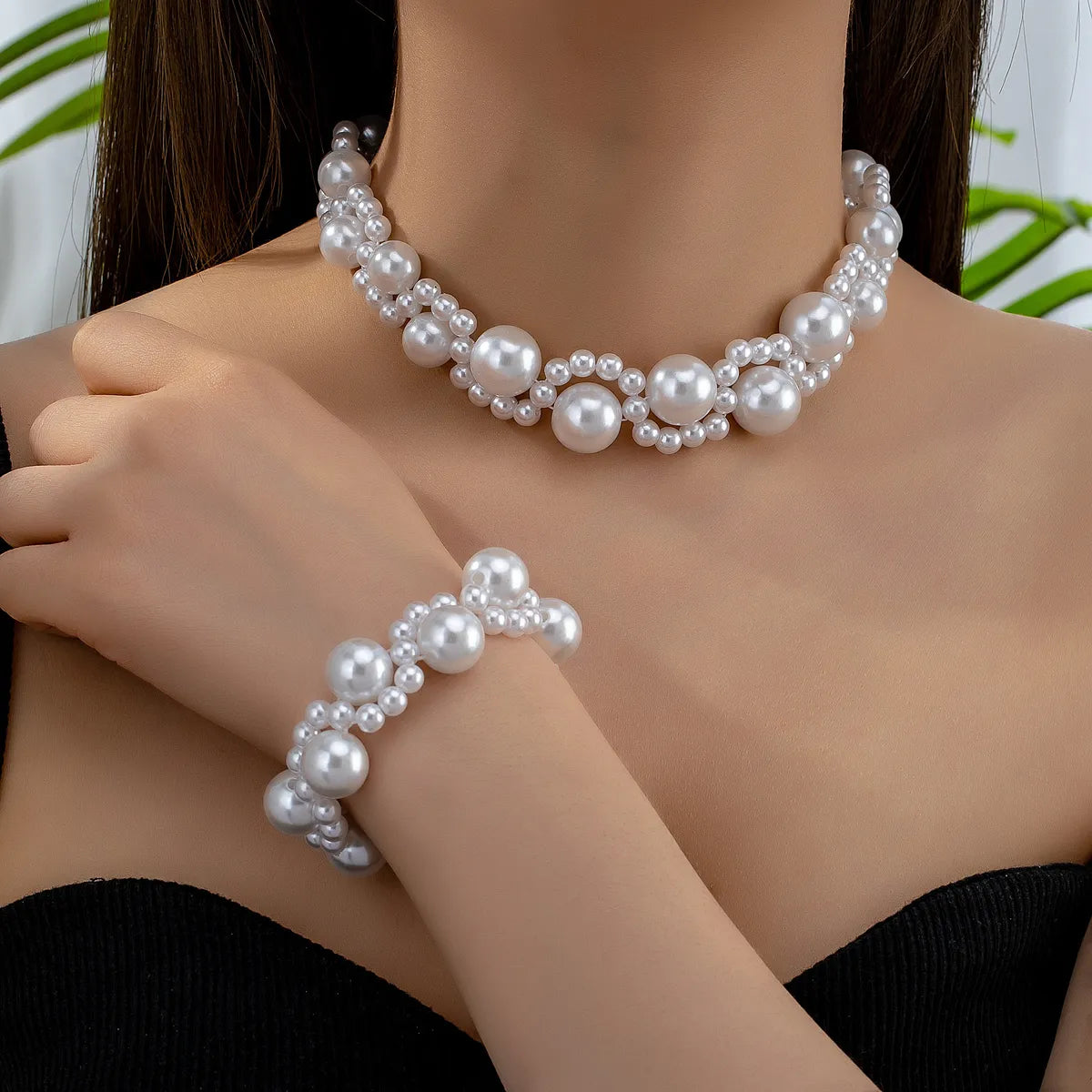 French Style Sweet Geometric Pearl Imitation Pearl Plastic Wholesale Bracelets Necklace Jewelry Set