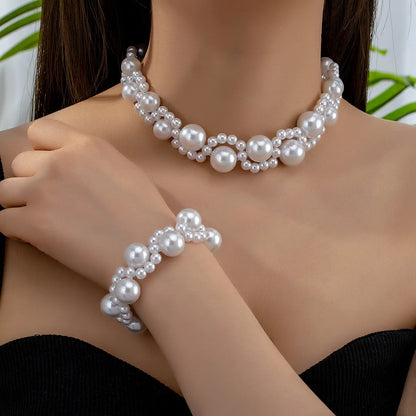 French Style Sweet Geometric Pearl Imitation Pearl Plastic Wholesale Bracelets Necklace Jewelry Set