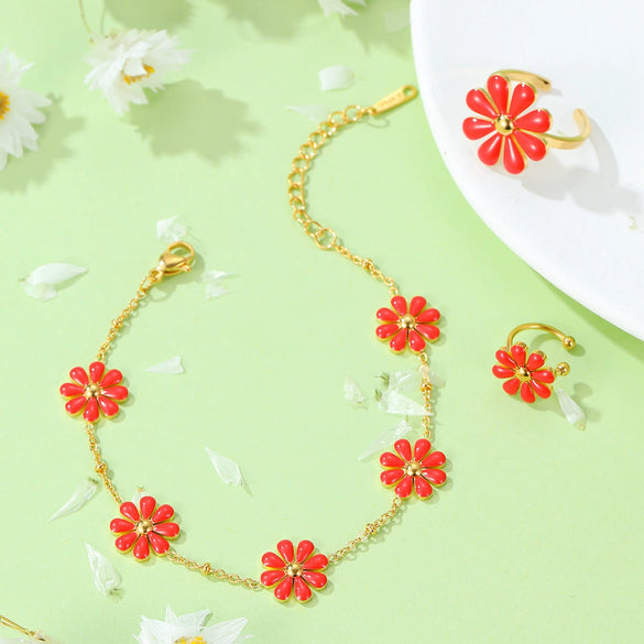 Fresh And Sweet Daisy Pattern Titanium Steel Bracelet And Flower Ring Set With Electroplating For Women