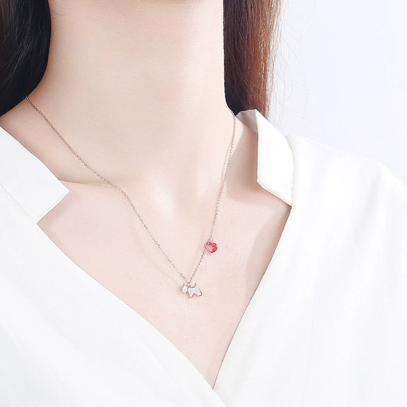 Fresh Full Zircon Puppy Pendant Heart Necklace For Women In S925 Sterling Silver Electroplated Fashion Jewelry