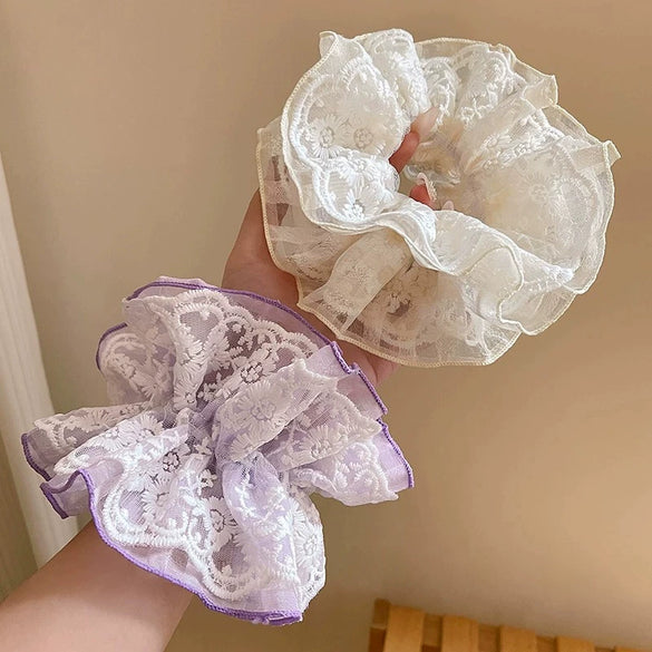 Fresh Lace Plaid Gauze Handmade Scrunchie Hair Tie Hair Rope Hairband