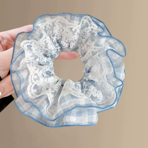 Fresh Lace Plaid Gauze Handmade Scrunchie Hair Tie Hair Rope Hairband