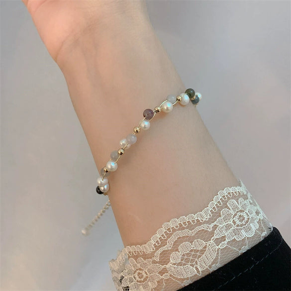 Freshwater Pearl And Copper Plated Gold Woven Bracelet With Geometric Design Strawberry Crystal And Natural Stone French Retro And Simple Style For Women