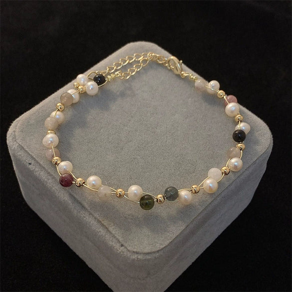 Freshwater Pearl And Copper Plated Gold Woven Bracelet With Geometric Design Strawberry Crystal And Natural Stone French Retro And Simple Style For Women