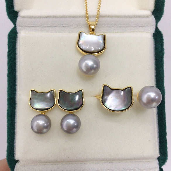 Freshwater Pearl And Sea Shell Jewelry Set With Cat Design