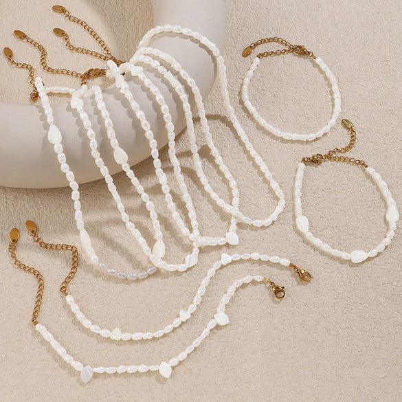 Freshwater Pearl Beaded Necklace Bracelet 316L Stainless Steel 18K Gold Plated For Women