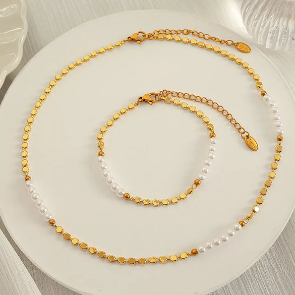 Freshwater Pearl Copper 18K Gold Plated Classic Style Korean Style Plating Round Copper Bracelets Necklace