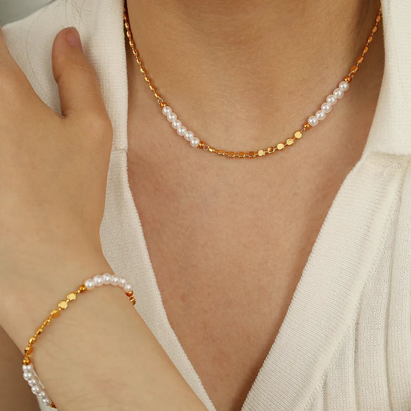 Freshwater Pearl Copper 18K Gold Plated Classic Style Korean Style Plating Round Copper Bracelets Necklace