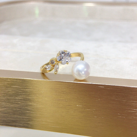 Freshwater Pearl Copper Ring With Floret Zircon And Flash Diamond Fashionable And Adjustable For Women