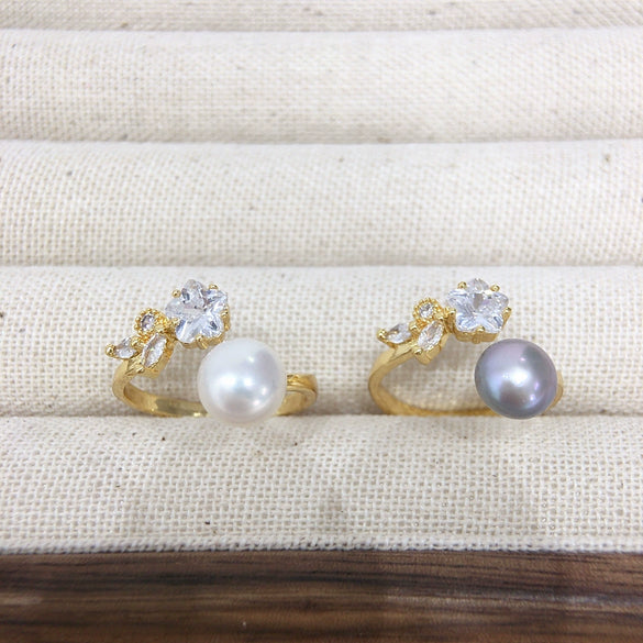 Freshwater Pearl Copper Ring With Floret Zircon And Flash Diamond Fashionable And Adjustable For Women