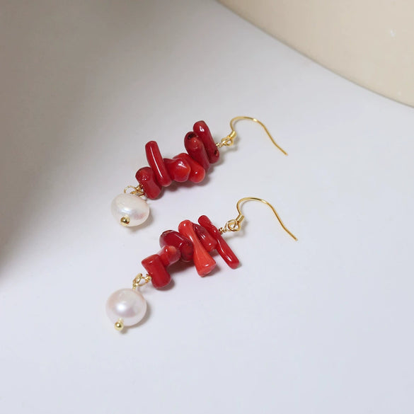 Freshwater Pearl Coral Geometric Style Electroplated String Tassel Earrings For Women