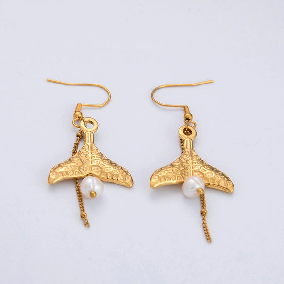 Freshwater Pearl Earrings And Marine Elements Starfish Conch Necklace In Stainless Steel With Electroplated 18K Real Gold Opening Ring For Women