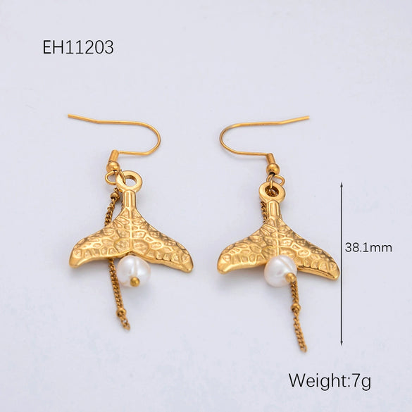Freshwater Pearl Earrings And Marine Elements Starfish Conch Necklace In Stainless Steel With Electroplated 18K Real Gold Opening Ring For Women