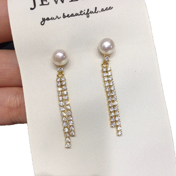 Freshwater Pearl Earrings For Women Alloy Inlaid With Artificial And Semiprecious Stones Oblate And Round Shape French Retro Style