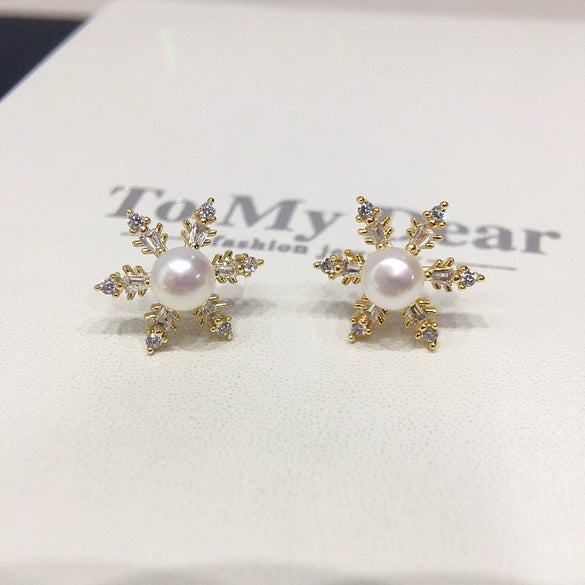 Freshwater Pearl Earrings For Women Alloy Inlaid With Artificial Gemstones And Semiprecious Stones Snowflake Zircon Design Oblate Round Shape