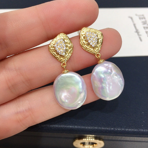 Freshwater Pearl Earrings For Women Alloy Inlaid With Gemstones Alien Shape Baroque Style