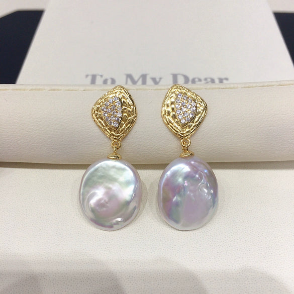 Freshwater Pearl Earrings For Women Alloy Inlaid With Gemstones Alien Shape Baroque Style