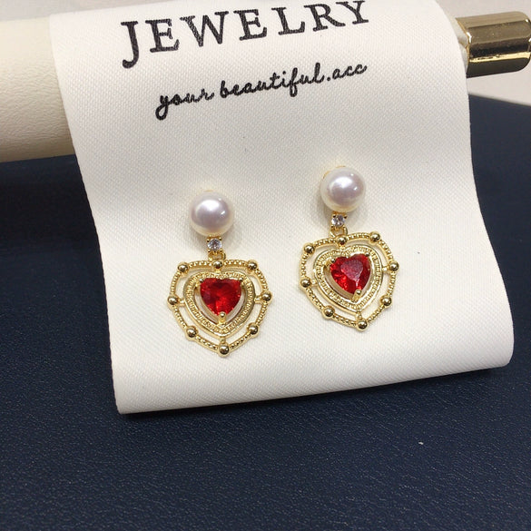 Freshwater Pearl Earrings For Women Alloy Inlaid With Gemstones Heartshaped Natural Pearl Jewelry