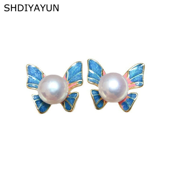 Freshwater Pearl Earrings For Women Handpainted Drip Glaze Enamel Palace Butterfly 18K Goldfilled Oblate Shape