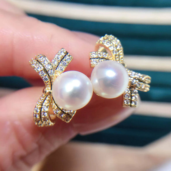 Freshwater Pearl Earrings For Women K Gold Craft Micropaved Zircon Bow Shape Alloy Inlaid With Artificial And Semiprecious Stones