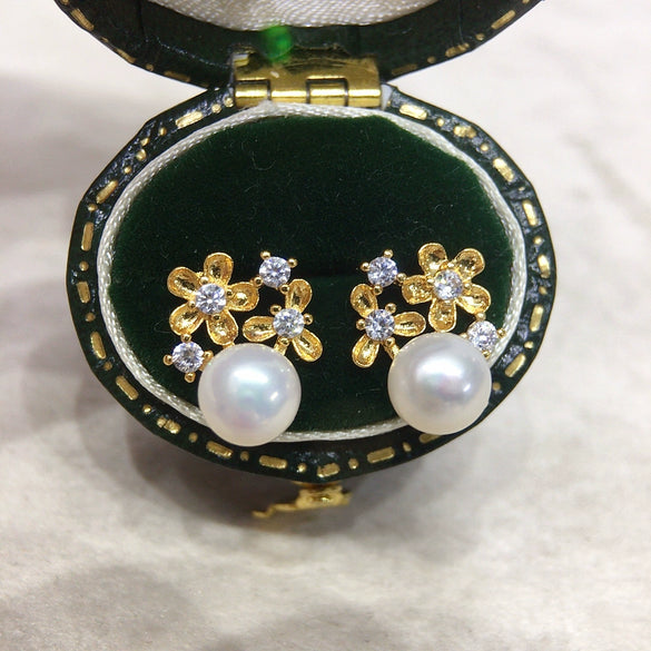 Freshwater Pearl Earrings For Women Natural Alloy Inlaid With Gemstones Oblate Shape Fashion Style