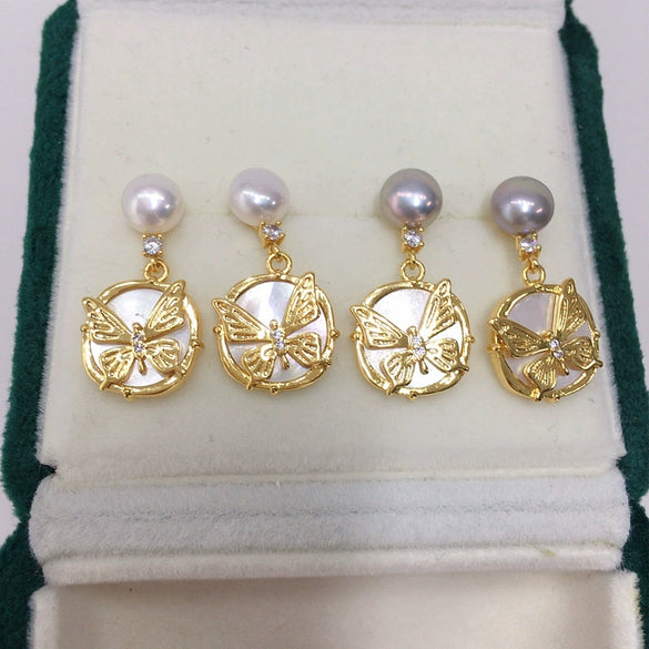 Freshwater Pearl Earrings For Women Natural Sea Shell Butterfly S925 Sterling Silver Needle Oblate Shape
