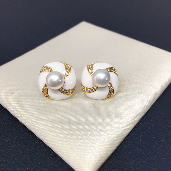 Freshwater Pearl Earrings For Women Retro Style Alloy Inlaid With Artificial And Semiprecious Stones Round And Oblate Shape