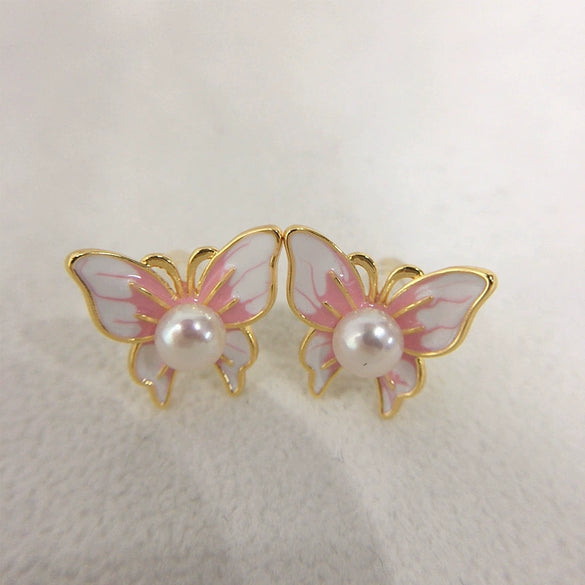 Freshwater Pearl Earrings For Women S925 Sterling Silver 18K Gold Enamel Butterfly Design Natural Pearl Oblate And Round Shape