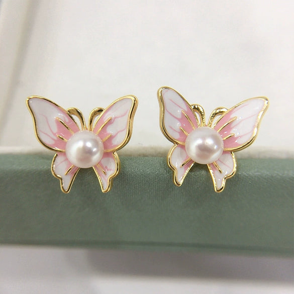 Freshwater Pearl Earrings For Women S925 Sterling Silver 18K Gold Enamel Butterfly Design Natural Pearl Oblate And Round Shape