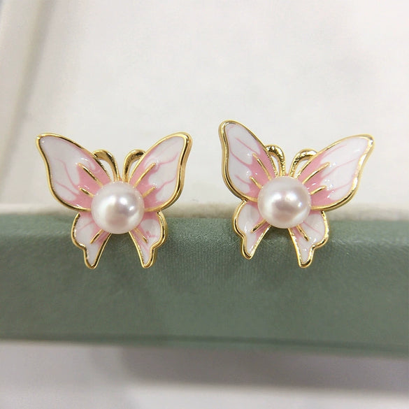 Freshwater Pearl Earrings For Women S925 Sterling Silver 18K Gold Enamel Butterfly Design Natural Pearl Oblate And Round Shape